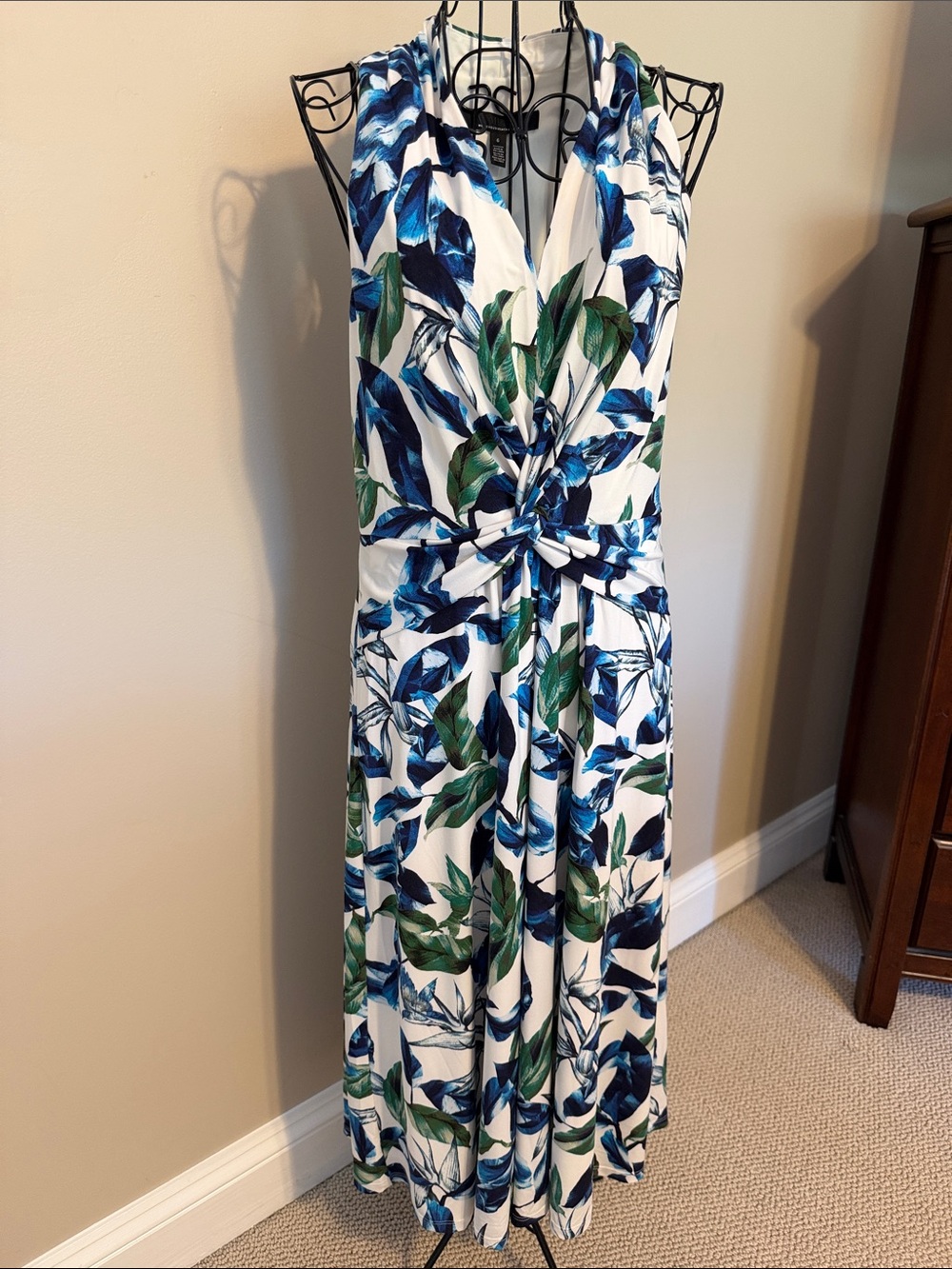 White House Black Market White Blue Green Leaf Print Midi Dress